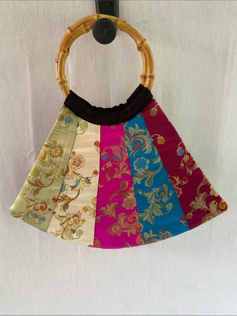 Asian Inspired Embroidered Satin Bag with Round Bamboo Handles